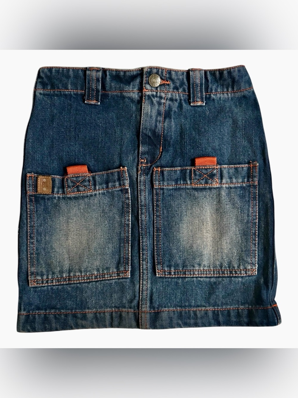 Vintage 90s Ralph Lauren Girls' Denim Skirt in Faded Blue with Orange Tabs
